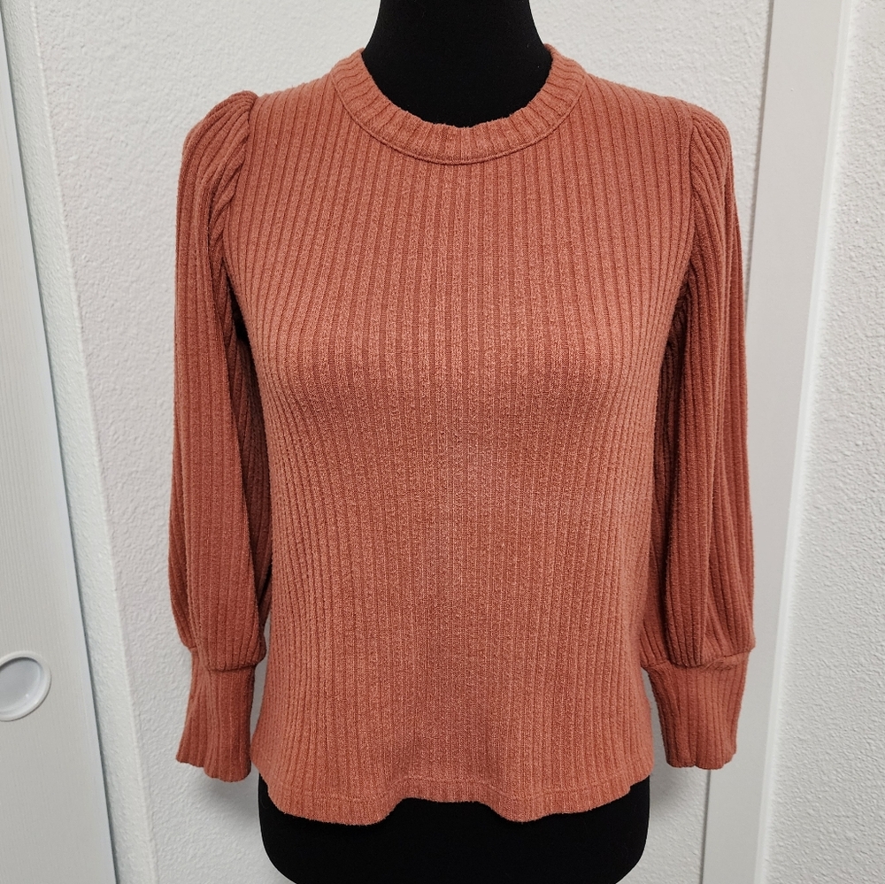 Madewell Terracotta Ribbed Knit Pleated Balloon Sleeve Crewneck Top